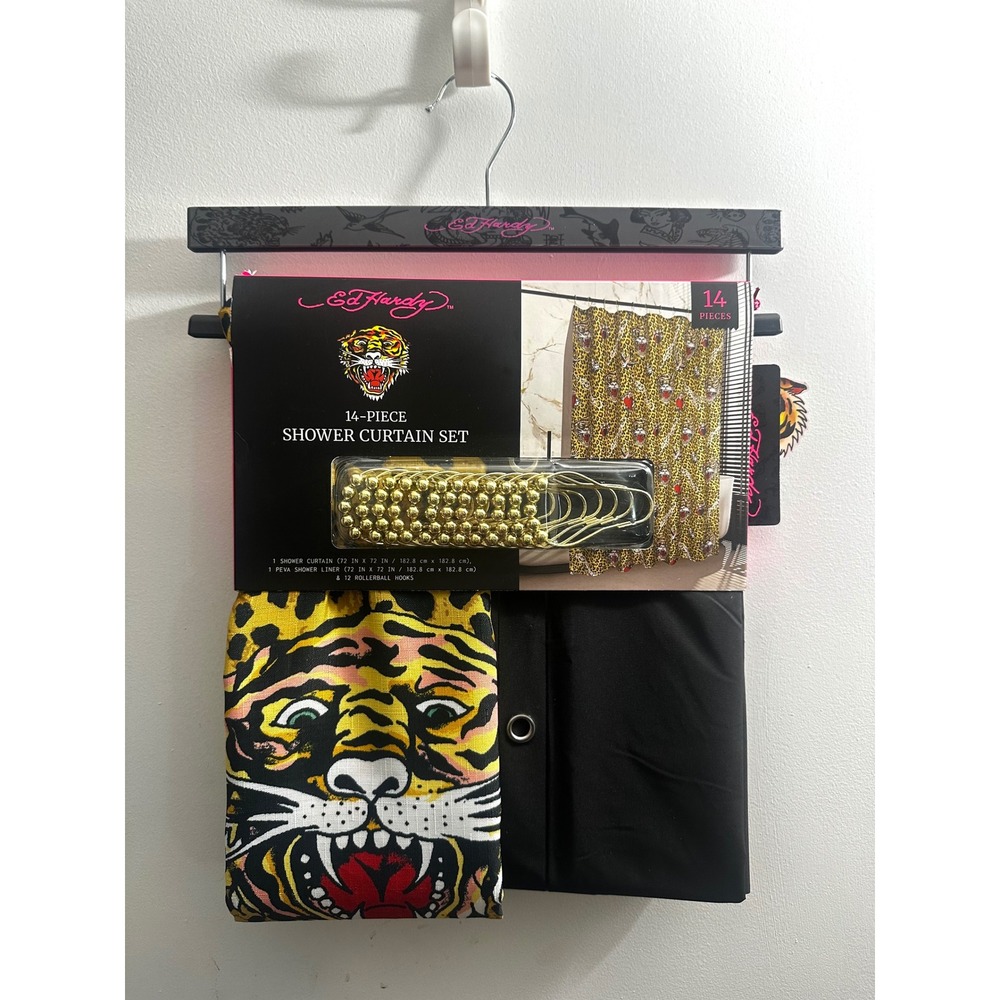 NEW Ed Hardy Shower Curtain Set 14 Pc Y2K Animal Print Tiger Tattoo Hooks Liner